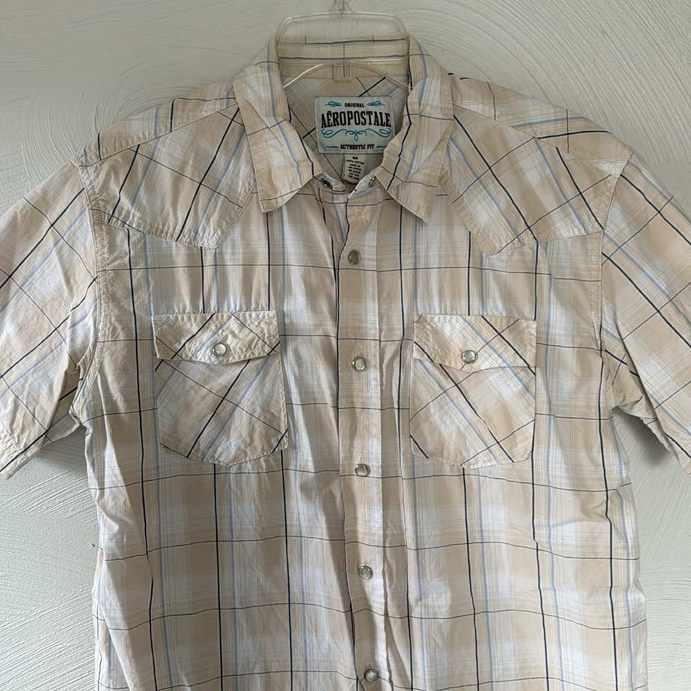 Cream-and-Blue Plaid Snap-front Aeropostale Short-sleeved Shirt